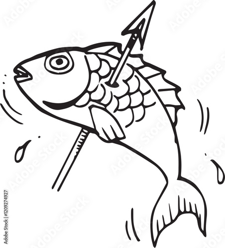 dead fish on spear hand drawn sketch 
