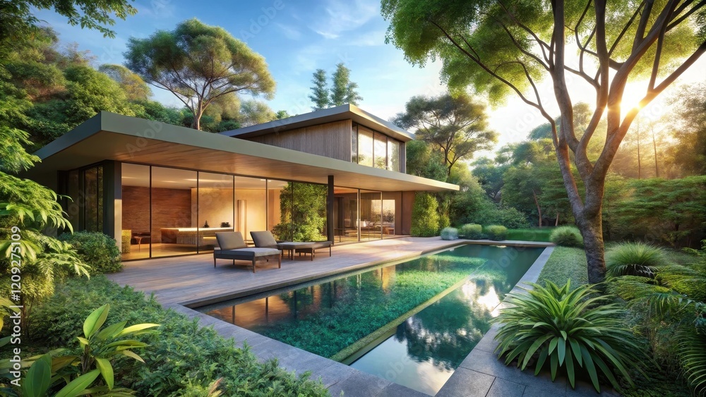 Fototapeta premium Luxurious Modern Home nestled in a Verdant Oasis with a Tranquil Infinity Pool, bathed in the Golden Hues of Sunset