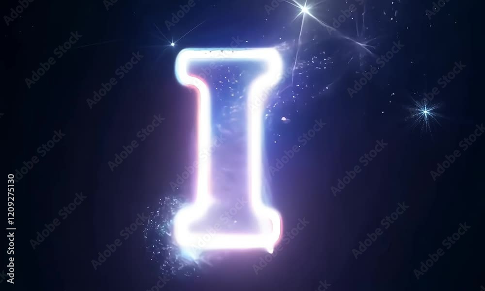 I letter alphabet with particle dust glow on space star cosmic galaxy background 