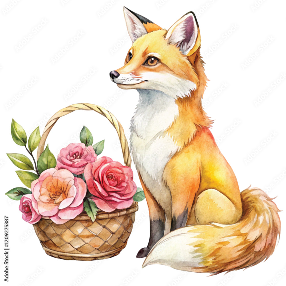 Fototapeta premium Golden fox rose basket Clipart Watercolor 