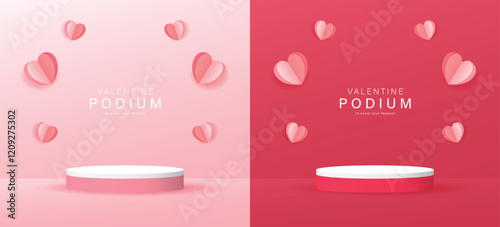 Set of 3D valentine day background pink, red cylinder podium with floating pastel heart paper art. Vector geometric platform. Abstract mockup product display. Minimal scene. Stage showcase.