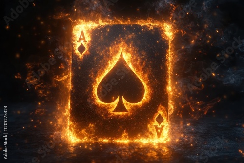 Fiery Ace of Spades Card Surrounded by Flames in a Dramatic Casino Scene