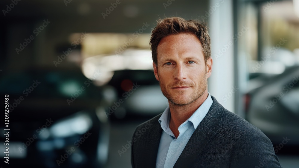 portrait of a confident and determined european car salesman in business-casual attire, standing in a modern car dealership portrait of a confident and determined european car salesman in business-casual attire, standing in a modern car dealership