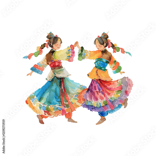 losar tibetan dance vector illustration in watercolor style