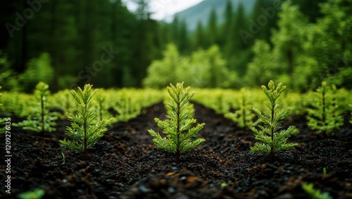 thriving spruce tree nursery highlighting innovative reforestation efforts, vibrant greenery, green environment, sustainability and ecological balance photo