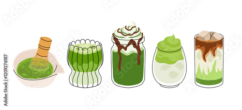 Set of Japan matcha latte. Collection of matcha drinks with latte art heart, leaf, bear, cat. Green iced matcha latte in various cups. Vector Illustration, flat cartoon Icons.