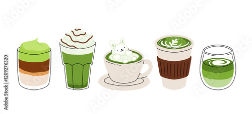 Set of Japan matcha latte. Collection of matcha drinks with latte art heart, leaf, bear, cat. Green iced matcha latte in various cups. Vector Illustration, flat cartoon Icons.