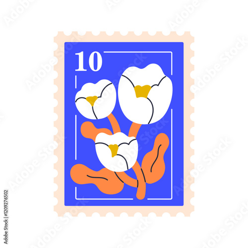 Post stamp with floral design. Blooming flower, blossomed plant branch on postal mark for letter, mail. Spring and summer nature, postage card Flat vector illustration isolated on white background