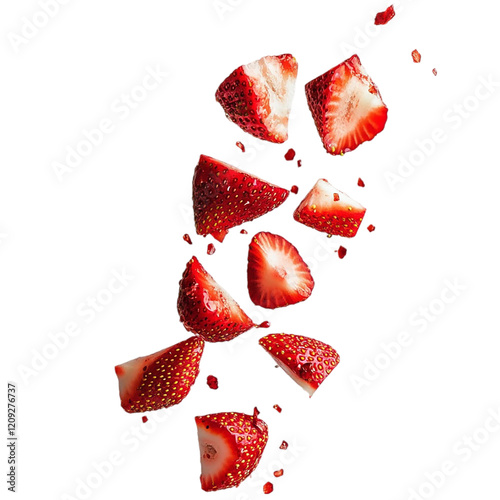 Falling sliced strawberry Isolated on white background