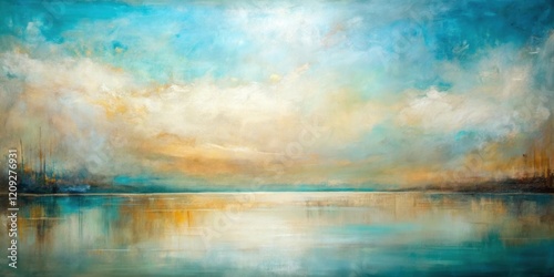 Serene Coastal Vista A Dreamlike Landscape Painting of Tranquil Waters Reflecting a Soft, Pastel Sky with Subtle Hints of Gold and Teal Hues