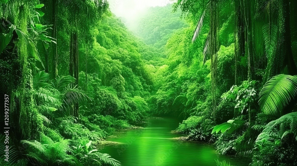 Lush green jungle river, vibrant foliage, tranquil scene, nature background, travel poster Lush green jungle river, vibrant foliage, tranquil scene, nature background, travel poster