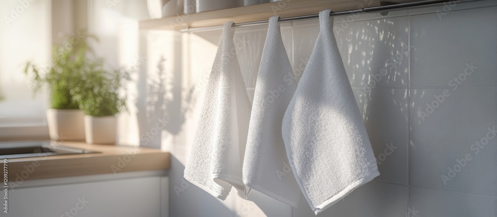 Simple white kitchen towels hanging neatly on a rail in a modern kitchen setting, highlighting cleanliness and minimalistic decor Simple white kitchen towels hanging neatly on a rail in a modern kitchen setting, highlighting cleanliness and minimalistic decor