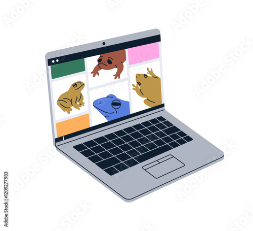 Laptop computer, digital screen displaying internet content, pictures. PC with keyboard for browsing web-site online, searching by image. Flat vector illustration isolated on white background