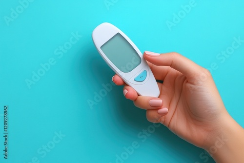 Close-up of hand holding glucose meter for blood glucose test in pastel blue background photo