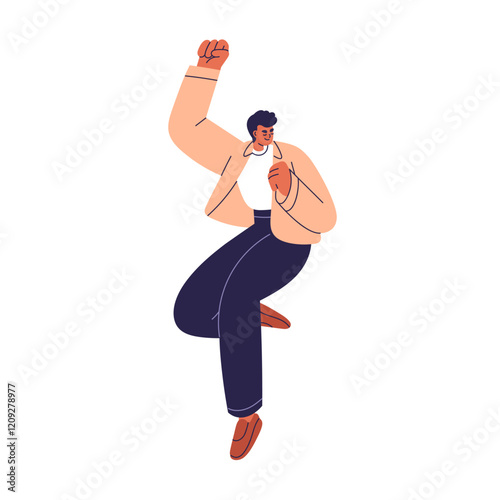Happy man jumping up, celebrating success. Excited joyful emotion for celebration. Male character gesturing, smiling for triumph, victory. Flat vector illustration isolated on white background