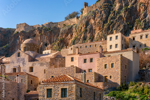 Monemvasia traditional colorful stone houses on the mountain