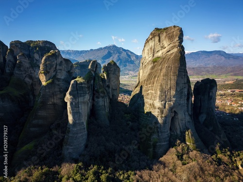 Meteora ancient holy monastery drone aerial view