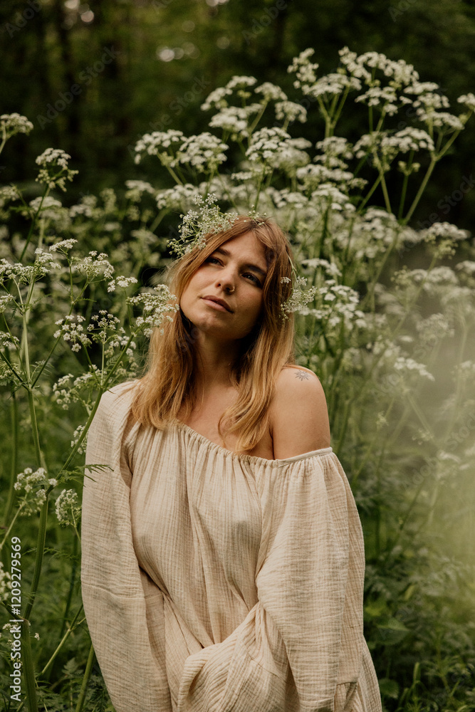 Woman in linen dress and floral crown surrounded by flowers Woman in linen dress and floral crown surrounded by flowers