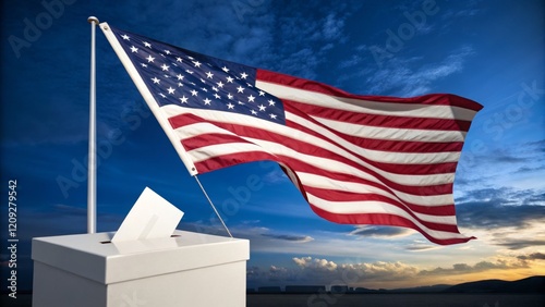 American Flag Waves Over Ballot Box Dramatic Sunset Composition, Patriotism Concept, Voting, Election Voting, Patriotism