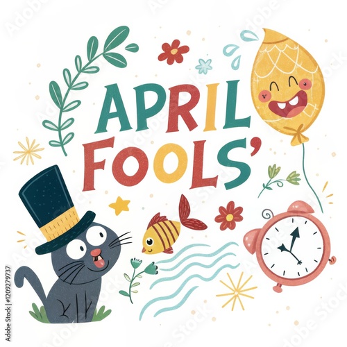 April Fool's Day Illustration Colorful Cartoon Composition with Cat, Fish, and Clock, AprilFoolsDay, HolidayIllustration photo