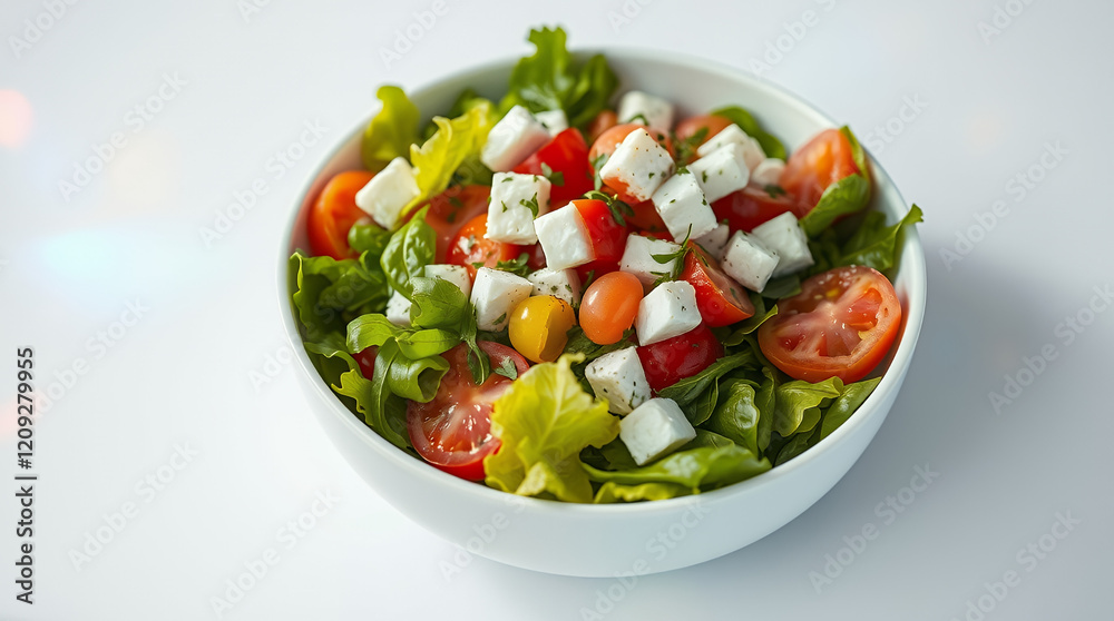 A bowl of mixed salad with lettuce, tomatoes, and feta cheese A bowl of mixed salad with lettuce, tomatoes, and feta cheese