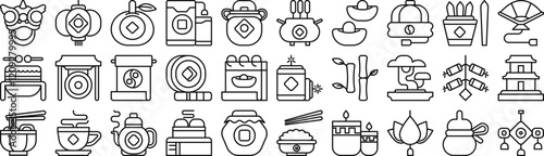 Vector monochrome line icon set for lunar new year events