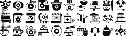 Vector monochrome semi solid icon set for lunar new year events