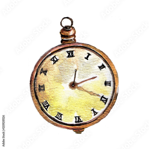 Antique gold pocket watch with Roman numerals, watercolor style.  Time is almost 10:55.  Warm, aged tones.
