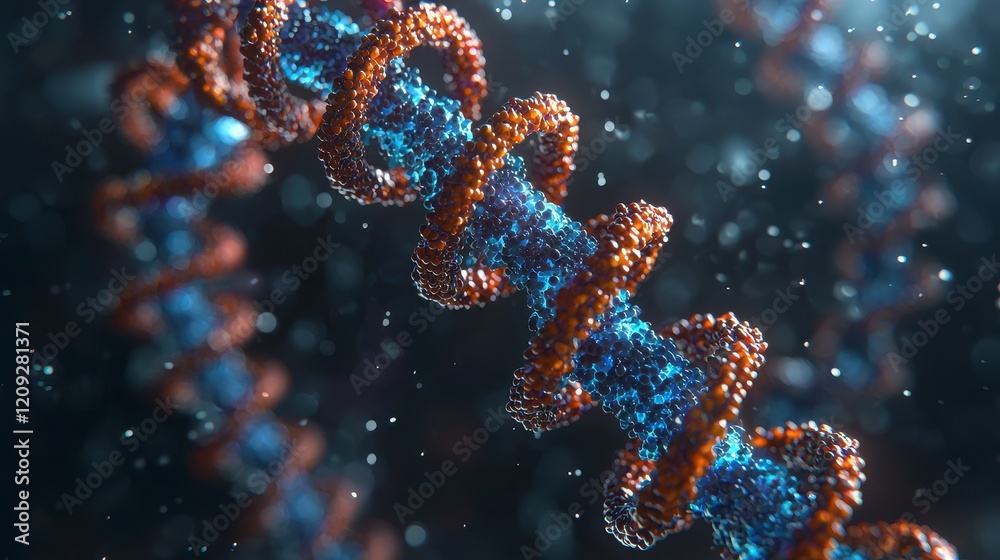 Microscopic view of DNA helix strands, intricate details of double helix structure. Microscopic view of DNA helix strands, intricate details of double helix structure.