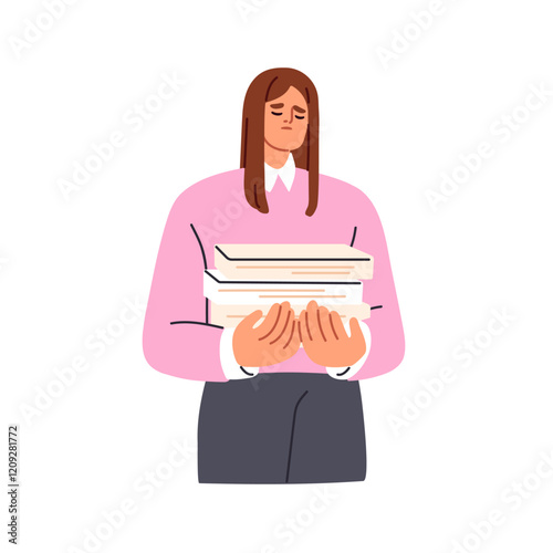Tired employee holding documents stack in hands. Frustrated office worker overloaded with business papers, unfinished work. Paperwork concept. Flat vector illustration isolated on white background