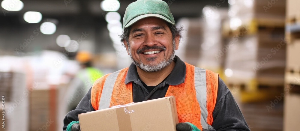 Smiling Hispanic man in safety gear holding a box in a warehouse setting Smiling Hispanic man in safety gear holding a box in a warehouse setting