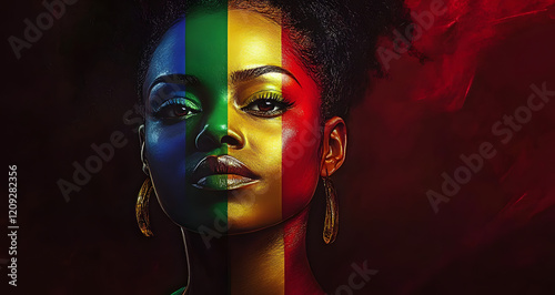 Black woman painted in Pan African flag colors Black history month illustration. LGBT rainbow flag month of pride generative ai photo