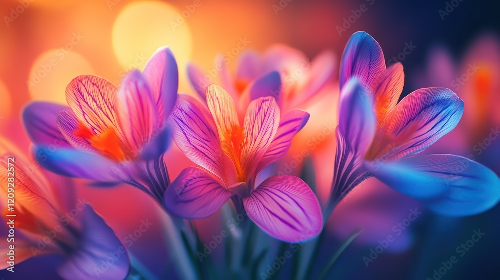 Vibrant crocus bouquet, sunset bokeh, spring