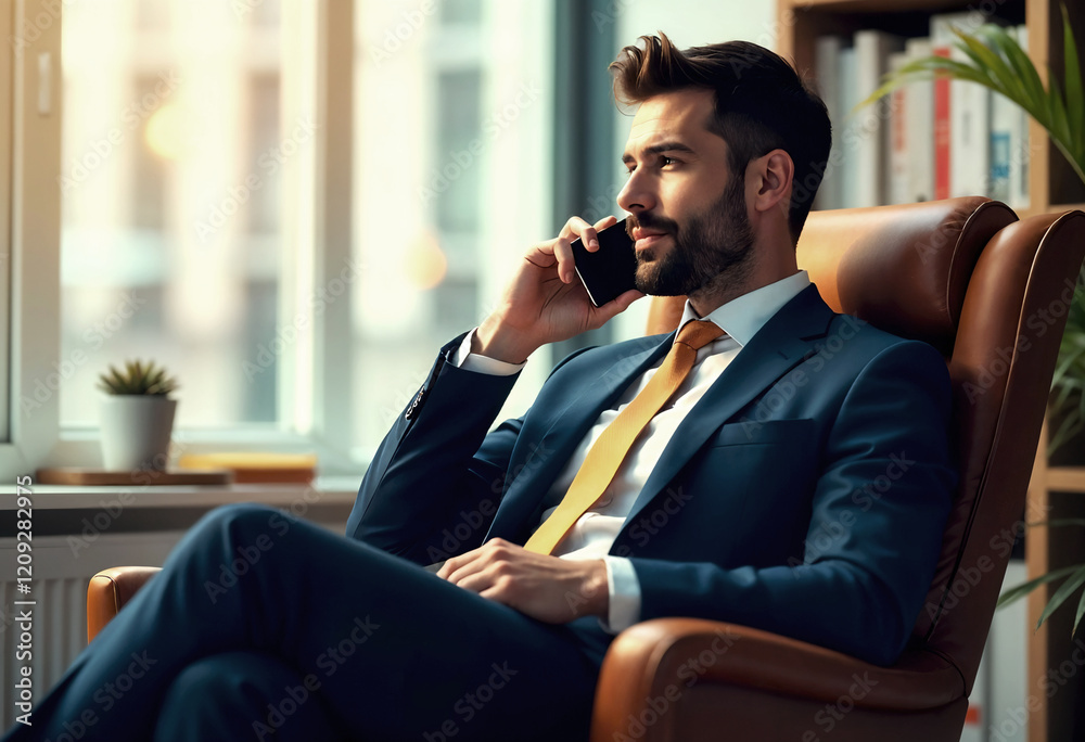 A male manager is sitting relaxed alone in a chair working while communicating using his cell phone. A male manager is sitting relaxed alone in a chair working while communicating using his cell phone.