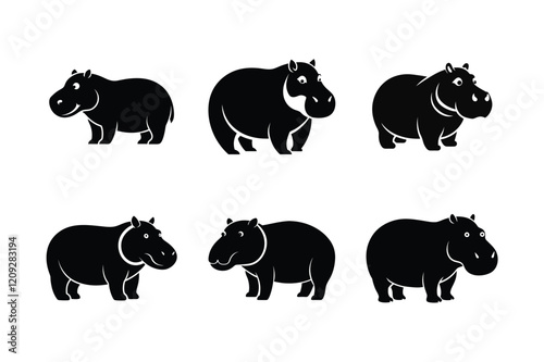 Hippopotamus (Hippopotamus amphibius) mammal animal, labeled silhouette vector art illustration.