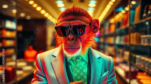 Fashionable chimp monkey dressed in luxury green suit in a clothes store