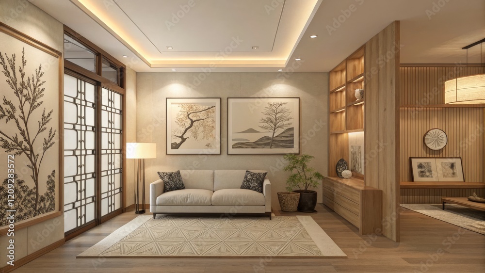 Obraz premium Modern Zen Living Room Geometric Rug, Wooden Accents, Nature Artwork, Interior Design, 3D Rendering. Zen Interior, Japanese Design