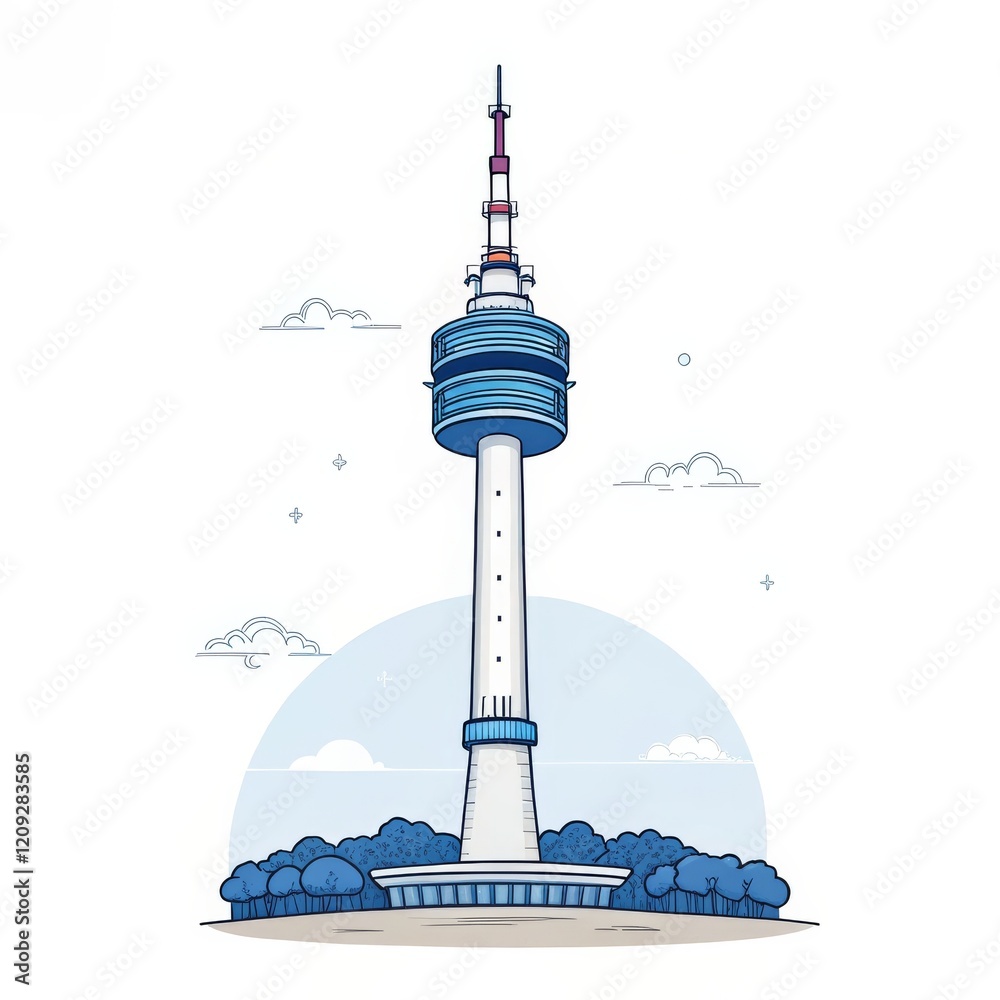 Obraz premium N Seoul Tower Illustration Line Art, Blue Theme, Korean Landmark, Tower, Seoul