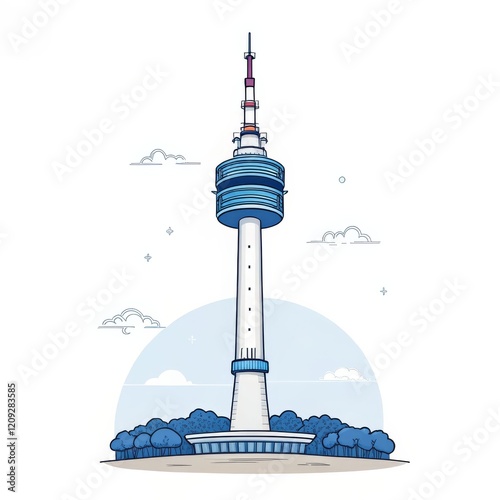 N Seoul Tower Illustration Line Art, Blue Theme, Korean Landmark, Vector Design. Tower, Seoul photo