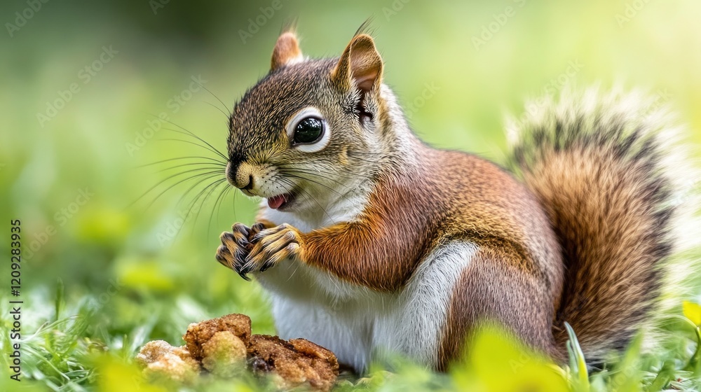 Fototapeta premium A Curious Squirrel Enjoying a Snack in the Grass