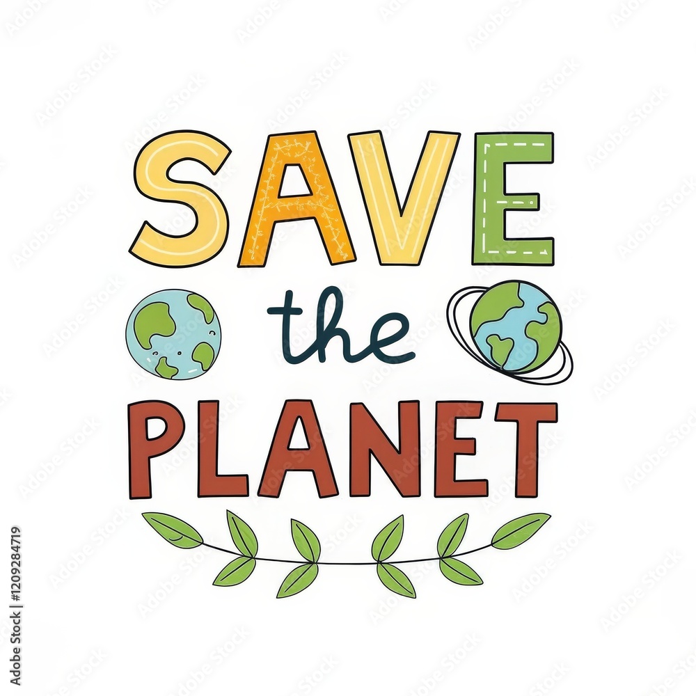 Fototapeta premium Save the Planet Illustrated Typography, Earth, Leaves, Eco-Friendly Design, Go Green Go Green, Eco-Friendly