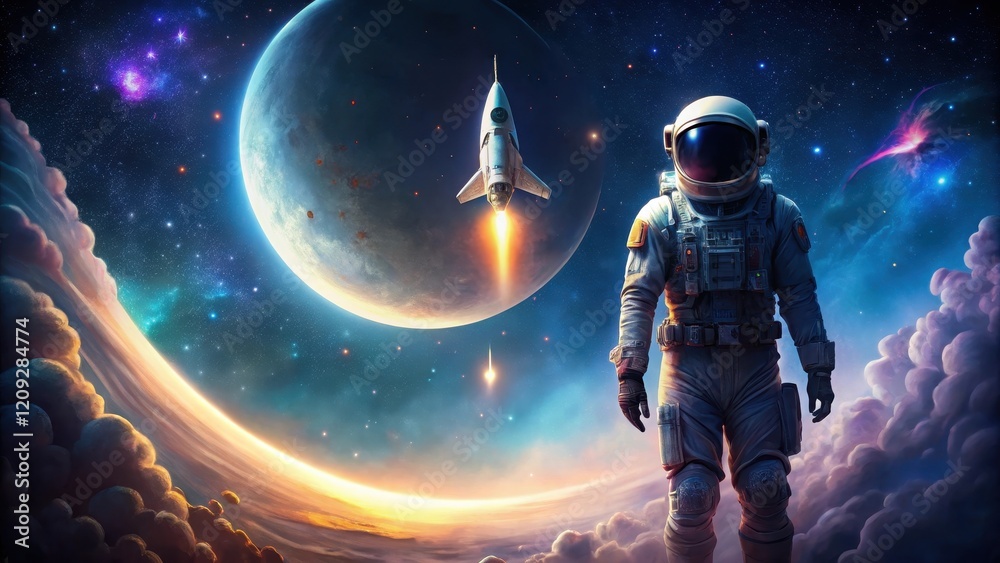 Naklejka premium A lone astronaut, silhouetted against a cosmic panorama, stands on a cloud-like expanse, gazing towards a distant planet and a rocket soaring through the nebulae.