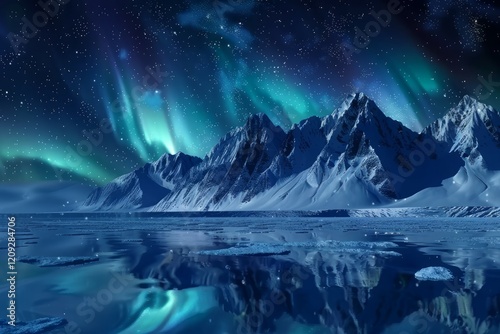 Northern lights over snowy mountain and lake scene. Neural network AI generated photo