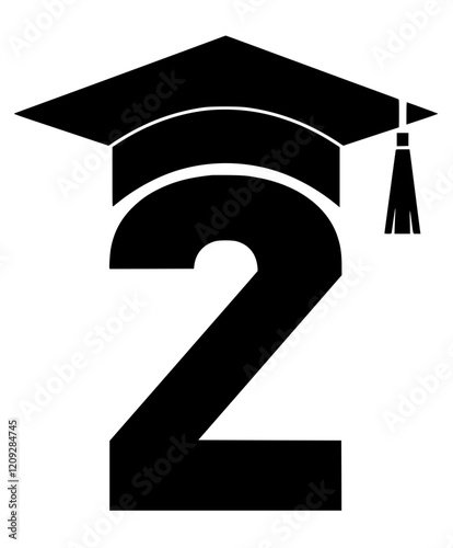 Graduation Cap on Number Two Symbol  , Black and white illustration of the number two wearing a graduation cap, symbolizing academic success, education, and scholarly achievement.  

