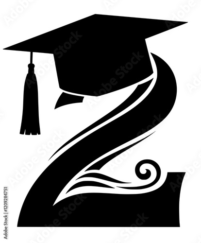 Graduation Cap on Number Two Symbol  , Black and white illustration of the number two wearing a graduation cap, symbolizing academic success, education, and scholarly achievement.  

