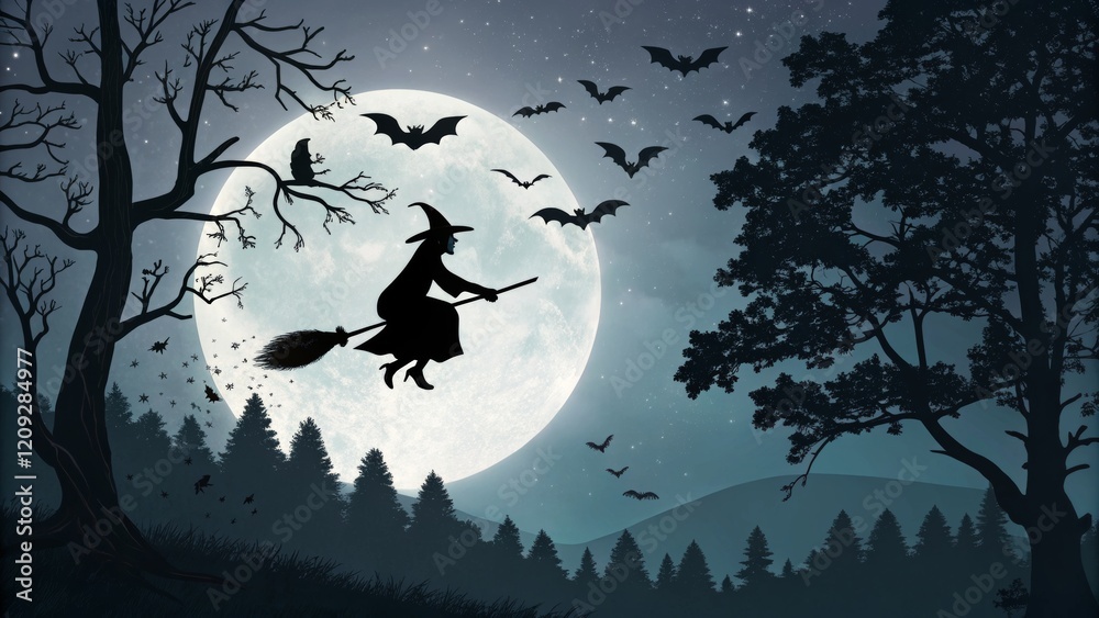 Fototapeta premium Silhouette Witch Flying on Broom, Full Moon, Forest Night, Halloween, Digital Art, Bats Halloween, Witchcraft