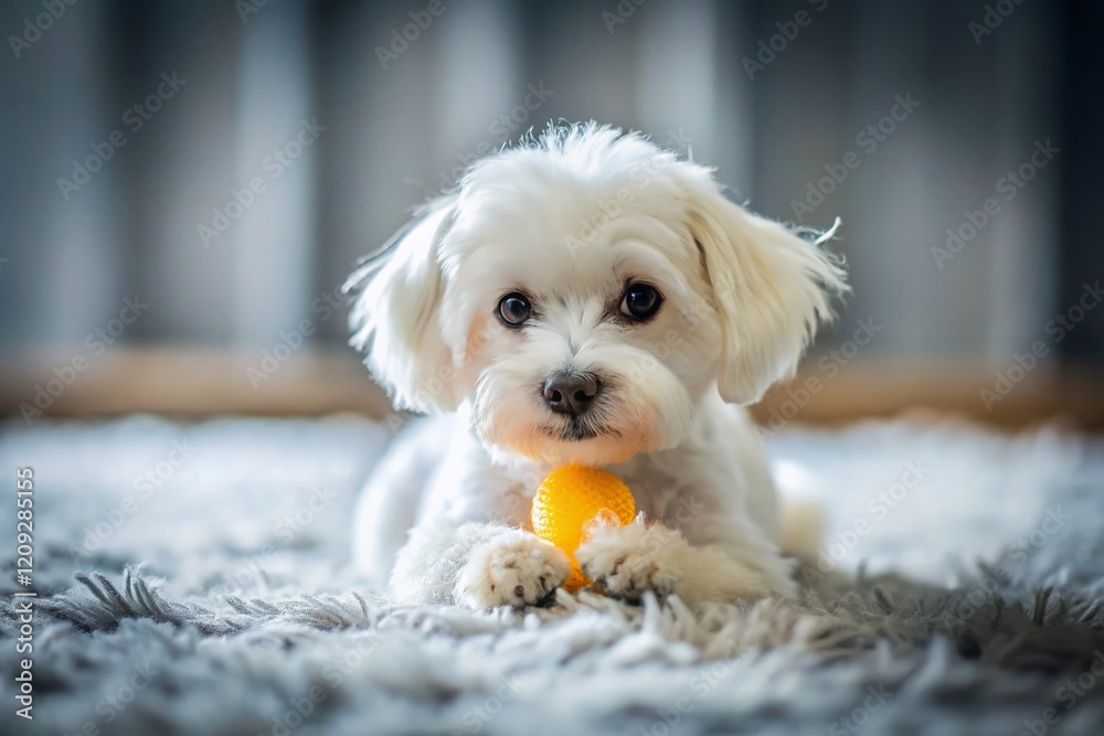 Adorable Fluffy White Puppy Playing with Yellow Toy on Gray Rug - Tilt-Shift Photography Adorable Fluffy White Puppy Playing with Yellow Toy on Gray Rug - Tilt-Shift Photography