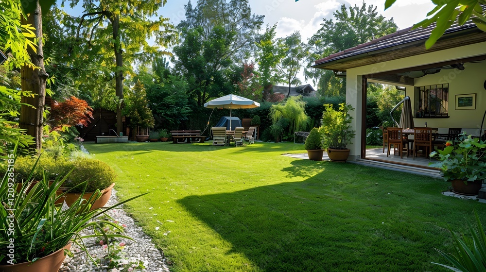 Green Lawn with Patio and Umbrella in a Backyard Green Lawn with Patio and Umbrella in a Backyard