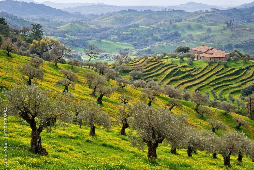 Fototapeta premium Hillside olive grove, spring blossoms, Italian countryside, rural farm