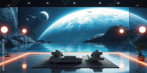 Serene lunar lagoon lounge with space age seating and futuristic decor, home, peaceful